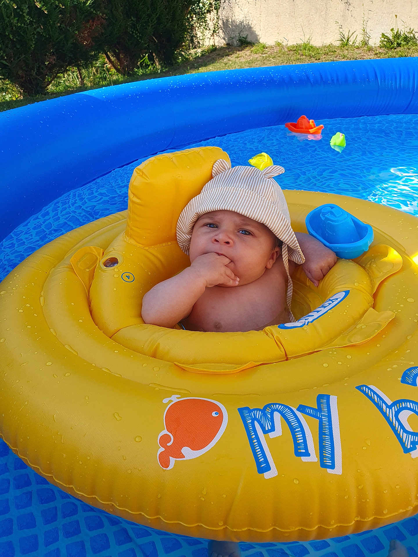 Ydris participe au concours pour gagner de l'argent avec cette photo : baby, backyard, blue, child, cute, face, hand, hat, infant, inflatable_float, outdoor, pool, relaxing, sitting, summer, sunny, swimming_pool, toy, water, yellow