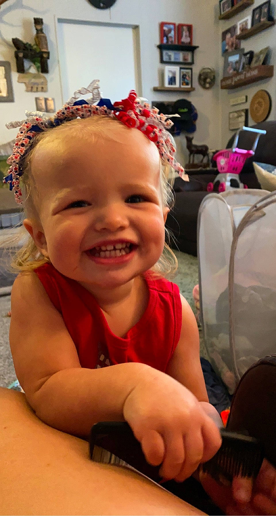 Samantha is registered to the contest to win money with this photo: baby, chair, cheek, child, chin, event, eye, facial_expression, fun, hairstyle, happy, iris, joy, lip, mouth, person, picture_frame, pink, skin, smile