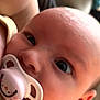 baby, pacifier, infant, face, close_up, child, cute, skin, person, newborn, mouth, head, expression, eyes, human, young, holding, comfort, soft, indoor
