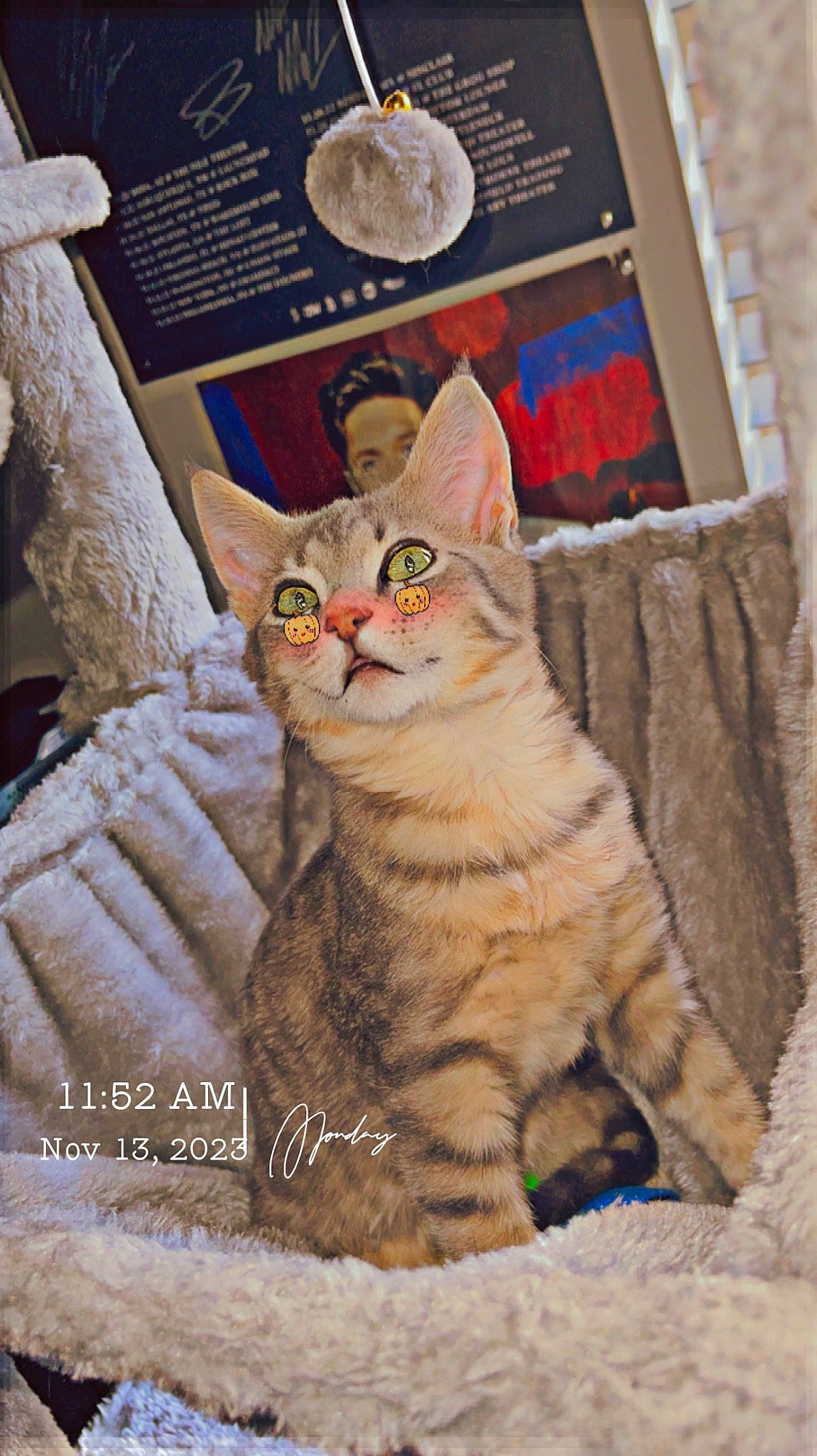 Reese joined the competition — help win amazing prizes! art, astronomical_object, carnivore, cat, domestic_short_haired_cat, fawn, felidae, fur, hat, illustration, linens, moon, paint, photo_caption, small_to_medium_sized_cats, tail, terrestrial_animal, tree, visual_arts, whiskers