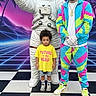 Jaydence joined the competition — help win amazing prizes! adult, astronaut, checkerboard_floor, child, colorful, cosmic_background, costume, family, fashion, full_body, helmet, jumpsuit, neon, outdoor_style, photograph, portrait, retro, smiling, space_theme, standing