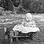 baby, child, outdoor, wooden_cart, grass, blanket, black_and_white, portrait, infant, nature, cute, toy, small_cart, sitting, face, head, clothing, ground, tree, photography