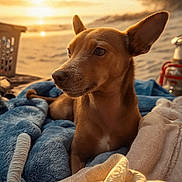 Pedro is registered to the contest to win money with this photo: dog, blanket, beach, sunset, outdoor, animal, pet, fur, ears, relaxation, cozy, nature, sand, warm_light, portrait, canine, resting, soft_texture, daylight, peaceful