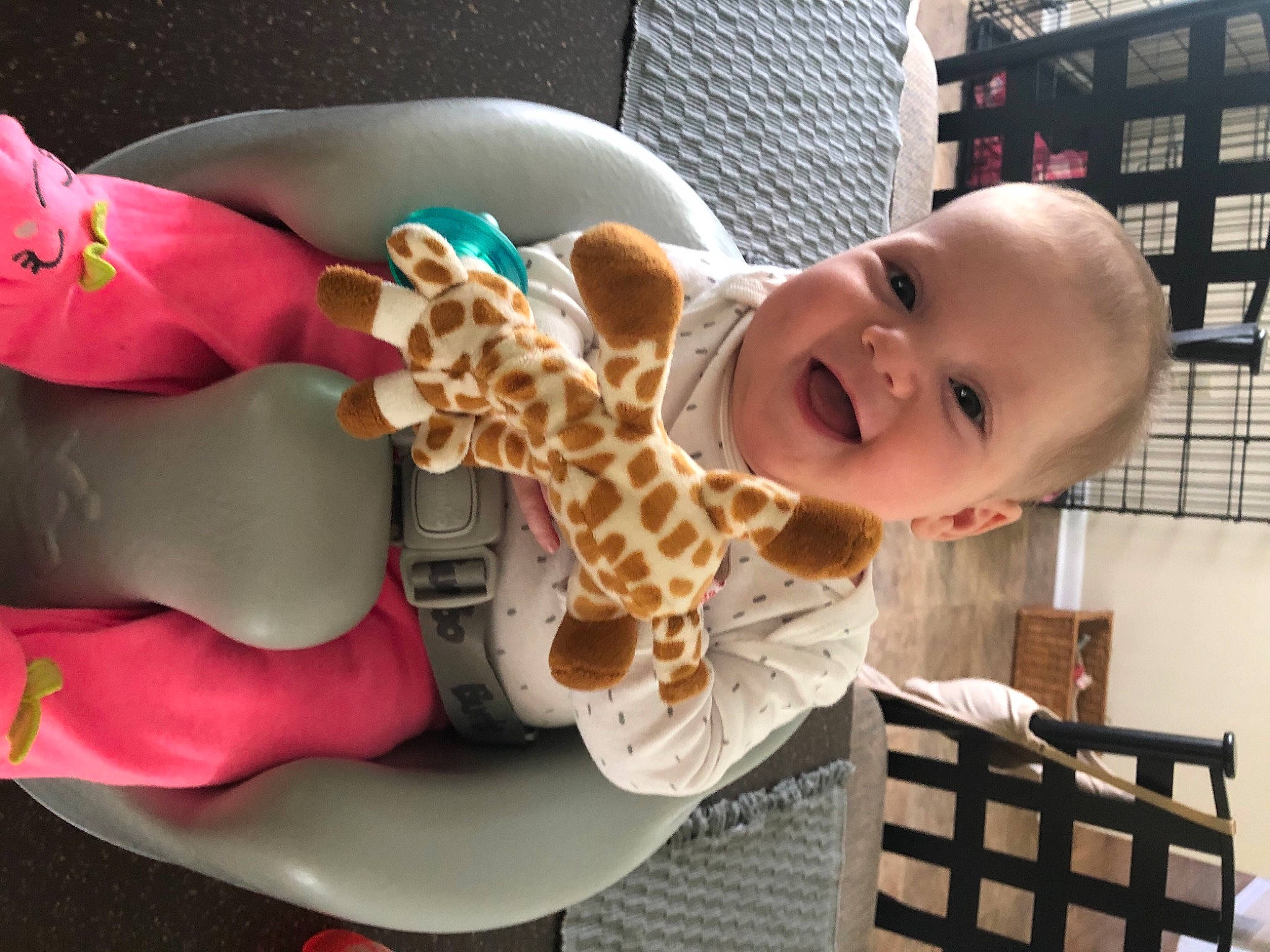 Elyse joined the competition — help win amazing prizes! baby, baby_laughing, baby_products, baby_toddler_clothing, baby_toys, child, ear, fawn, fun, giraffe, giraffidae, happy, pattern, person, pink, room, smile, stuffed_toy, textile, toddler