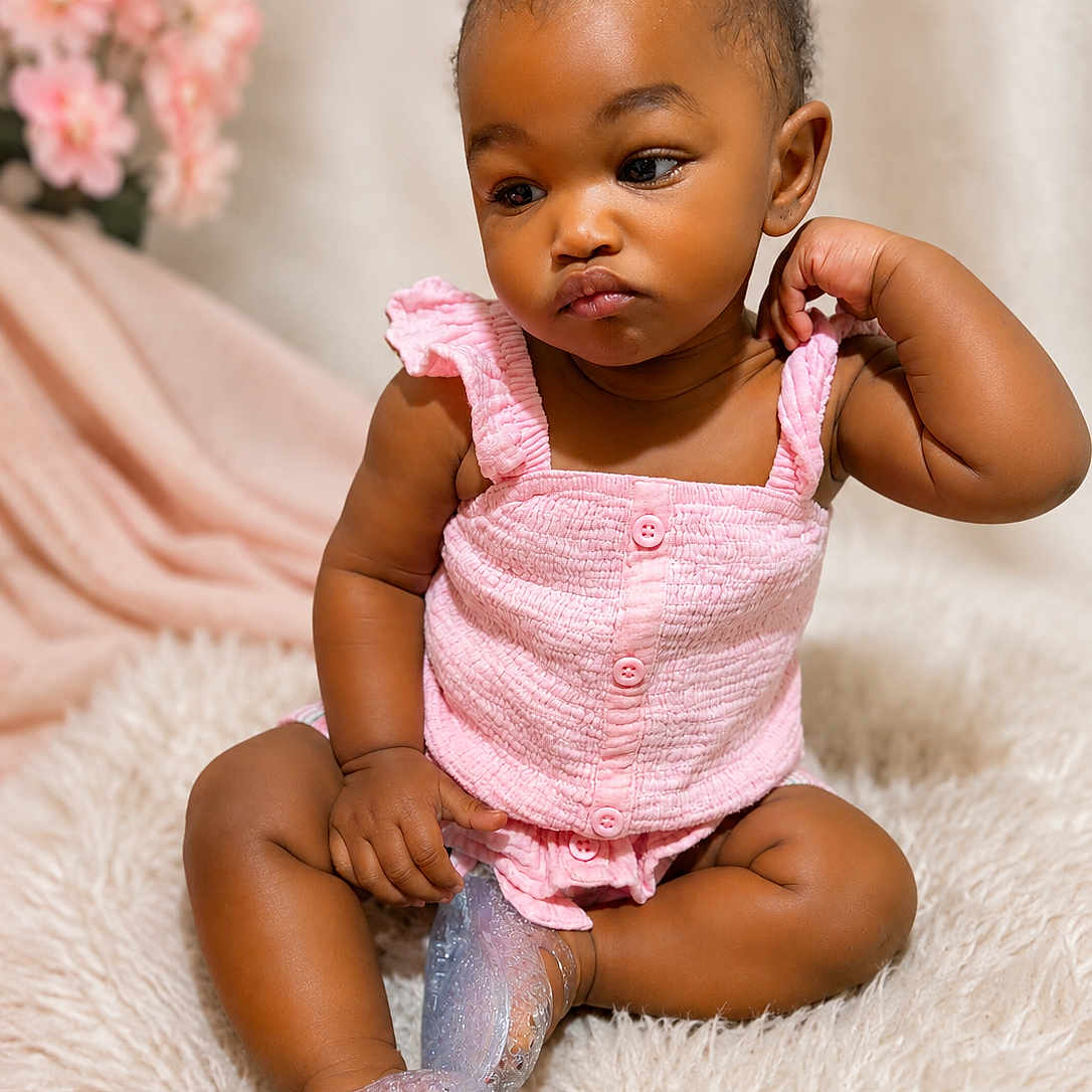 Xya is registered to the contest to win money with this photo: baby, infant, child, pink_clothing, sitting, fluffy_rug, portrait, curious_expression, indoor, soft_lighting, decor, flowers, skin, legs, hands, head, hair, cute, adorable, fashion