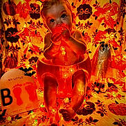 Averie-Grace joined the competition — help win amazing prizes! baby, child, pumpkin, halloween, string_lights, decorations, cute, festive, orange, autumn, background, footprint_sign, ghost_decoration, sitting, indoors, holiday, costume, playful, curious, cozy