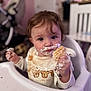 toddler, child, high_chair, cookie, cream, messy, face, hands, food, snack_time, baby, bib, indoor, cute, expression, clothing, person, feeding, fun, playful