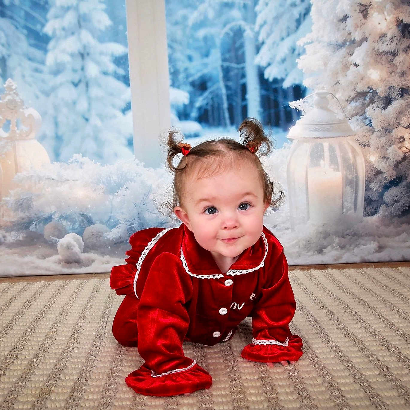 Averie-Grace is registered to the contest to win money with this photo: baby, carpet, child, crawling, cute, decorations, face, festive, holiday, indoors, innocence, lanterns, pigtails, portrait, red_clothing, smiling, snowy_background, warm_lighting, winter, young_child