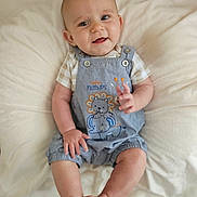 Luc is registered to the contest to win money with this photo: baby, child, smiling, overalls, clothing, sitting, cute, infant, face, happy, one_person, soft_texture, blanket, indoors, young_child, casual_wear, portrait, skin, hand, foot