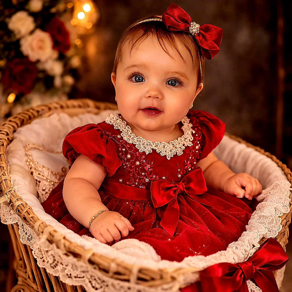 Mya a rejoint le concours — aidez-le/la à gagner de superbes lots ! baby, child, girl, red_dress, bow, lace, wicker_basket, portrait, smiling, blue_eyes, bracelet, headband, indoor, decorative, soft_lighting, cute, infant, fashion, holiday, celebration