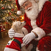 Norman is registered to the contest to win money with this photo: dog, santa_claus, christmas_tree, holiday, festive, pet_clothing, beard, glasses, red_suit, white_gloves, decorations, warm_lighting, indoor, fireplace, gift_boxes, wooden_floor, cute, winter, celebration, costume