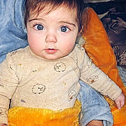 Rubí is registered to the contest to win money with this photo: baby, infant, child, big_eyes, blue_eyes, surprised_expression, onesie, blanket, orange_blanket, blue_blanket, cozy, plush, bed, portrait, hair, eyelashes, hand, skin, indoor, adorable