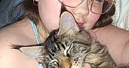 Bandit participe au concours pour gagner de l'argent avec cette photo : person, woman, cat, kitten, tabby, pet, cuddling, sleeping, closed_eyes, glasses, portrait, selfie, indoors, bedroom, blanket, hand, bracelet, earrings, long_hair, affection