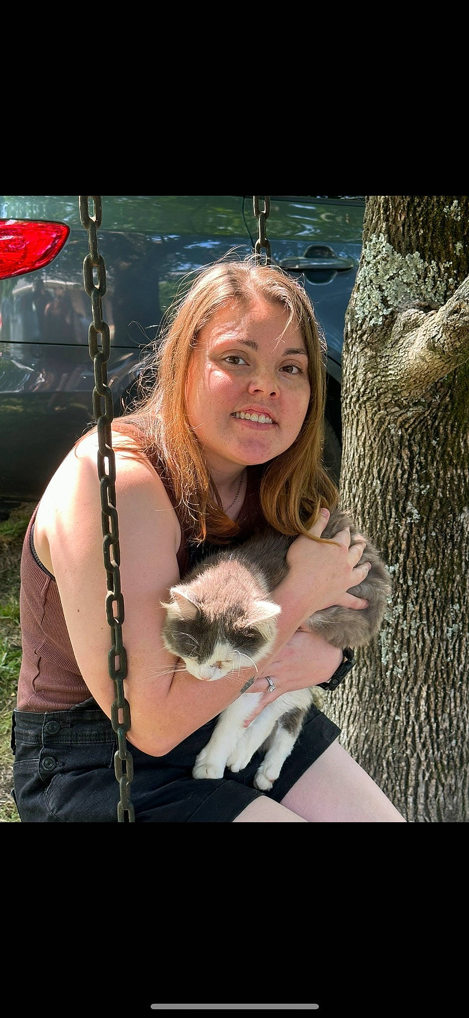 Chevy joined the competition — help win amazing prizes! abdomen, blond, brown_hair, cat, chest, eyewear, fawn, felidae, flash_photography, fun, fur, grass, happy, jewellery, necklace, people_in_nature, recreation, trunk, vehicle_door