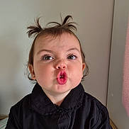 Julyana participe au concours pour gagner de l'argent avec cette photo : baby, bedside, big_eyes, black_coat, blank_wall, button, cheeks, child, cute, earrings, expression, face, funny_face, hair, indoor, long_eyelashes, o_shaped_mouth, pigtails, portrait, toddler