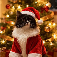Sasha joined the competition — help win amazing prizes! cat, black_and_white, santa_hat, santa_claus_costume, christmas_tree, holiday, festive, decorations, lights, ornaments, indoor, pet, fluffy, fur, whiskers, cute, animal, seasonal, celebration, christmas