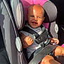baby, car_seat, child, smiling, sunlight, car_interior, seatbelt, safety, infant, happy, clothing, headrest, window, shadow, seat, person, cute, young_child, transportation, portrait