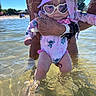 Lainey is registered to the contest to win money with this photo: baby, child, toddler, water, beach, sunhat, sunglasses, heart_shaped, swimsuit, adult_hand, summer, outdoor, sunny, water_reflection, playing, fun, vacation, cute, person, nature