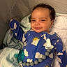 baby, infant, smile, pajamas, blue, clouds, sun, crib, blanket, pacifier, clip, beads, sleepwear, cute, child, portrait, indoors, resting, happy, newborn