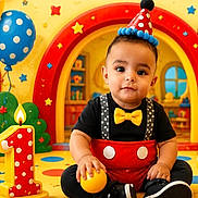 Angel is registered to the contest to win money with this photo: baby, child, birthday, party_hat, balloons, number_candle, polka_dot, yellow_bow_tie, red_suspender, black_shirt, toy_ball, playroom, colorful, celebration, smiling, cute, indoor, young_child, first_birthday, festive