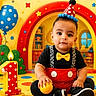 baby, child, birthday, party_hat, balloons, number_candle, polka_dot, yellow_bow_tie, red_suspender, black_shirt, toy_ball, playroom, colorful, celebration, smiling, cute, indoor, young_child, first_birthday, festive