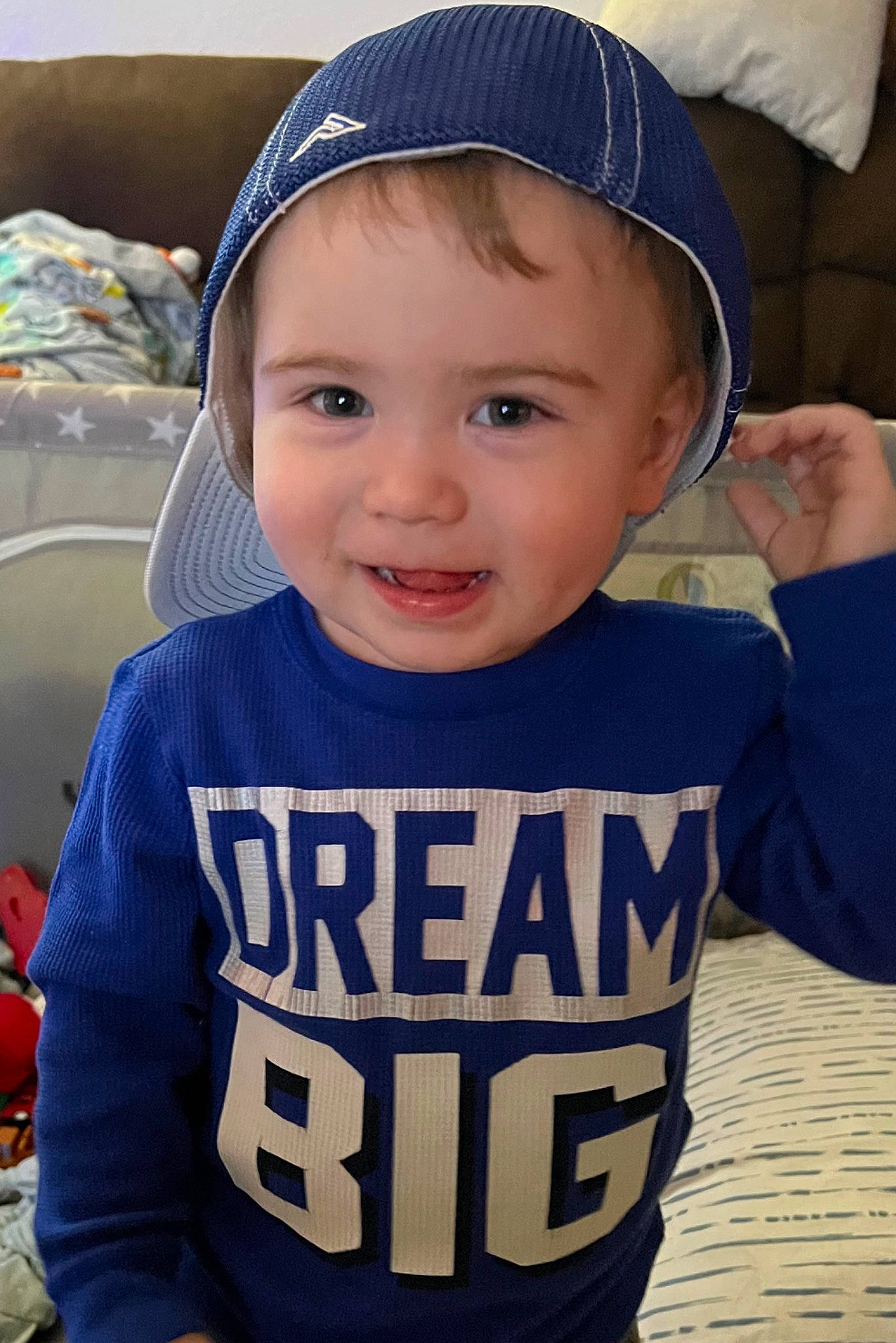 Kaleb joined the competition — help win amazing prizes! baby, baby_toddler_clothing, cap, child, cool, electric_blue, facial_expression, fun, gesture, hairstyle, happy, headgear, headwear, joy, organ, person, photograph, product, skin, sleeve