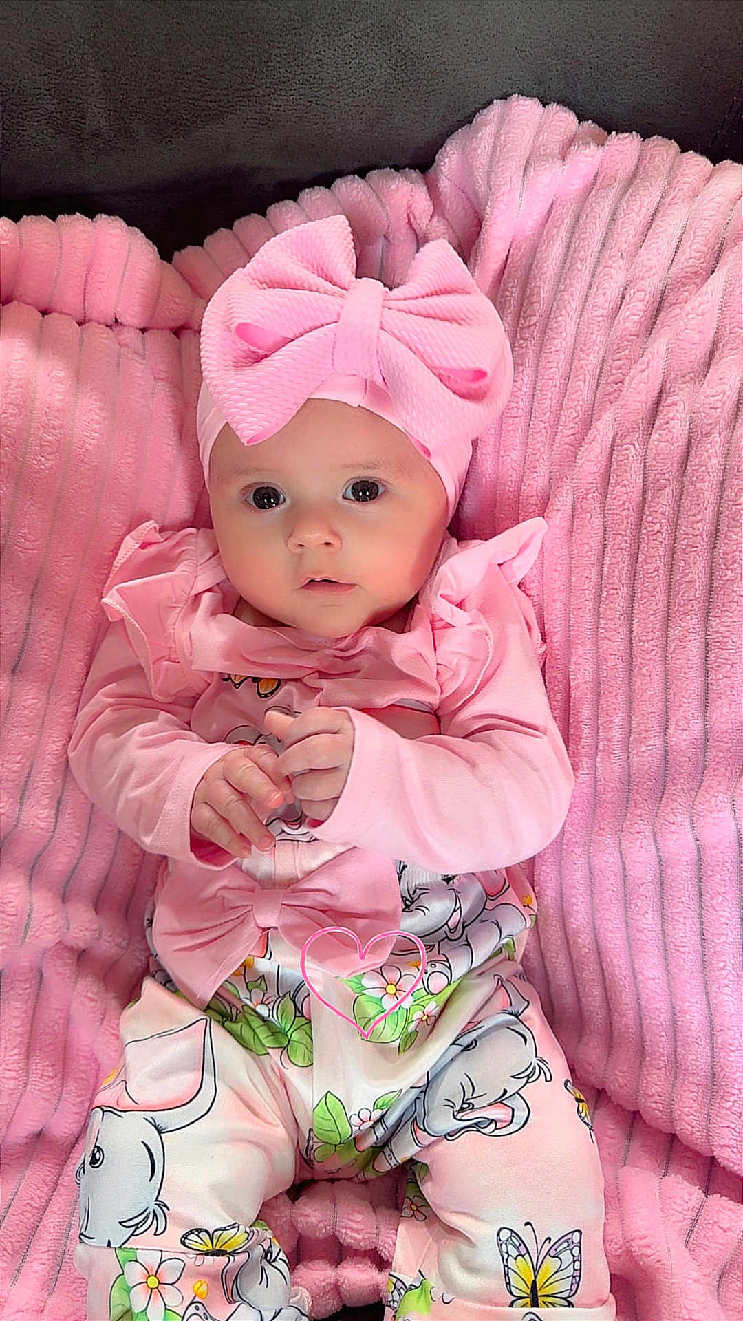 Delylah Rose joined the competition — help win amazing prizes! baby, blanket, bow, butterfly, child, clothing, cute, cute_outfit, elephant, hands, headband, indoors, infant, looking, pattern, pink, portrait, sitting, soft, texture