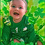 baby, infant, child, smiling, happy, green, clover, shamrock, st_patricks, hat, headband, dress, sitting, portrait, face, sparkle, glitter, background, cheerful, cute