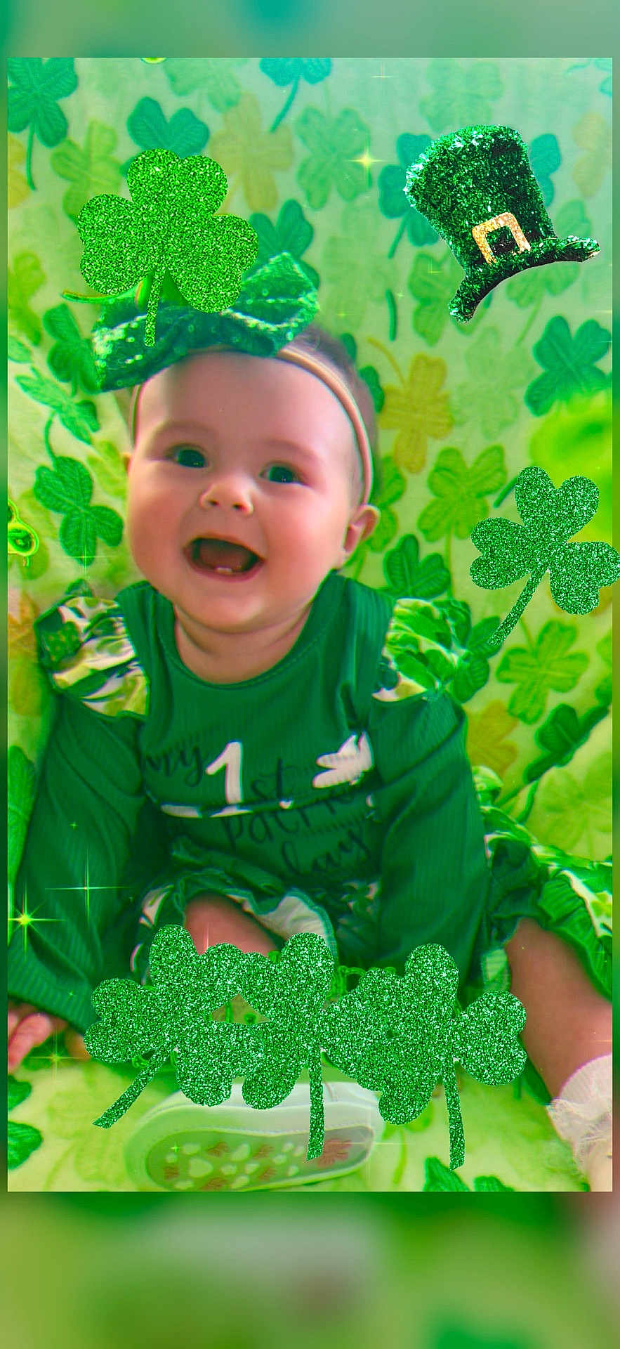 Delylah Rose joined the competition — help win amazing prizes! baby, infant, child, smiling, happy, green, clover, shamrock, st_patricks, hat, headband, dress, sitting, portrait, face, sparkle, glitter, background, cheerful, cute
