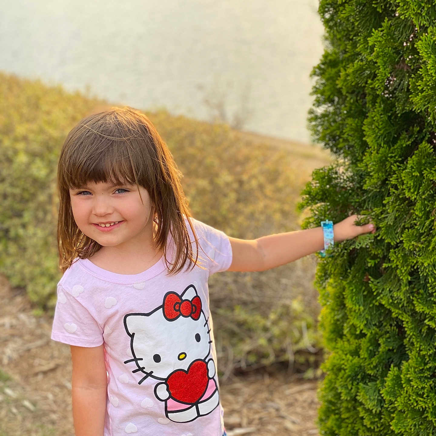Esma is registered to the contest to win money with this photo: child, clothing, conifer, face, female, girl, grass, head, herbal, nature, outdoors, person, photography, plant, portrait, shorts, sleeve, t_shirt, tree, vegetation