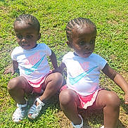 Lark And Lotus joined the competition — help win amazing prizes! child, toddler, grass, outdoor, sunlight, braided_hair, white_shirt, pink_skirt, sandals, nike_logo, sitting, holding_hands, daylight, nature, greenery, casual_clothing, cute, pair, two_children, summer