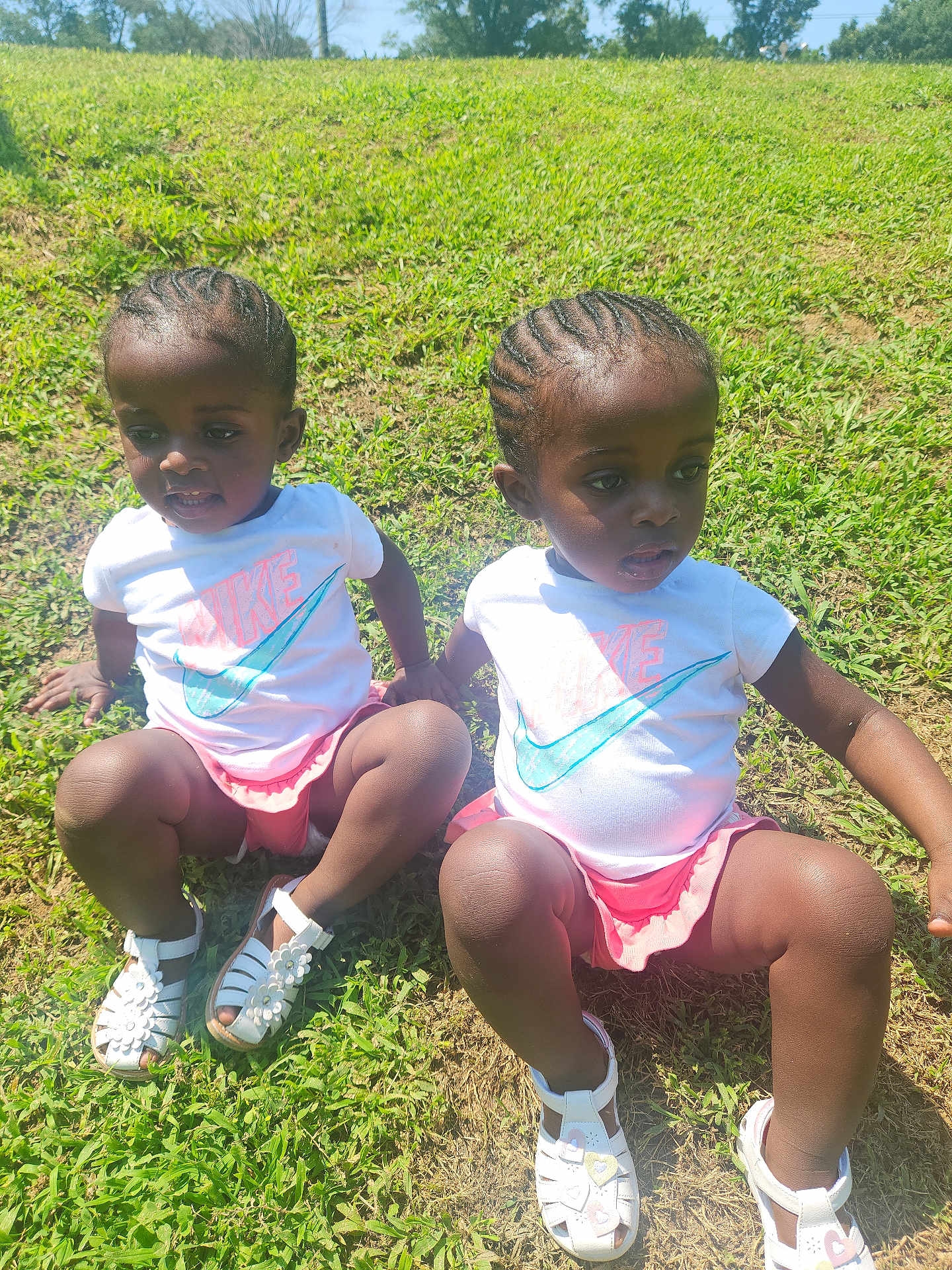 Lark And Lotus joined the competition — help win amazing prizes! child, toddler, grass, outdoor, sunlight, braided_hair, white_shirt, pink_skirt, sandals, nike_logo, sitting, holding_hands, daylight, nature, greenery, casual_clothing, cute, pair, two_children, summer