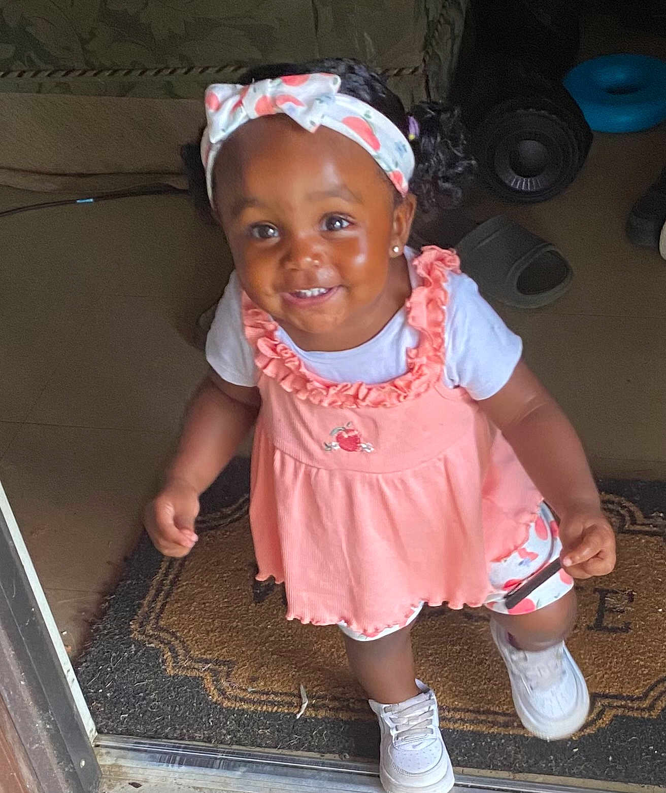 Aulanii joined the competition — help win amazing prizes! toddler, child, smiling, indoor, headband, dress, shoes, doorway, happy, cute, person, footwear, girl, standing, portrait, young_child, fashion, apparel, accessory, home