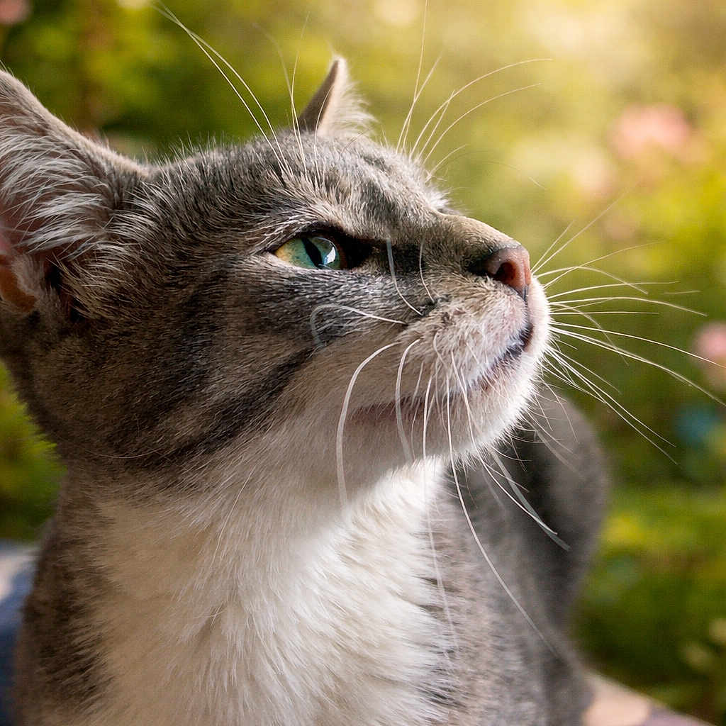 Abbel participe au concours pour gagner de l'argent avec cette photo : animal, blurred_background, cat, closeup, cute, eye, feline, fur, greenery, looking_up, nature, nose, outdoor, pet, portrait, relaxed, sunlight, tabby, whiskers, white_fur