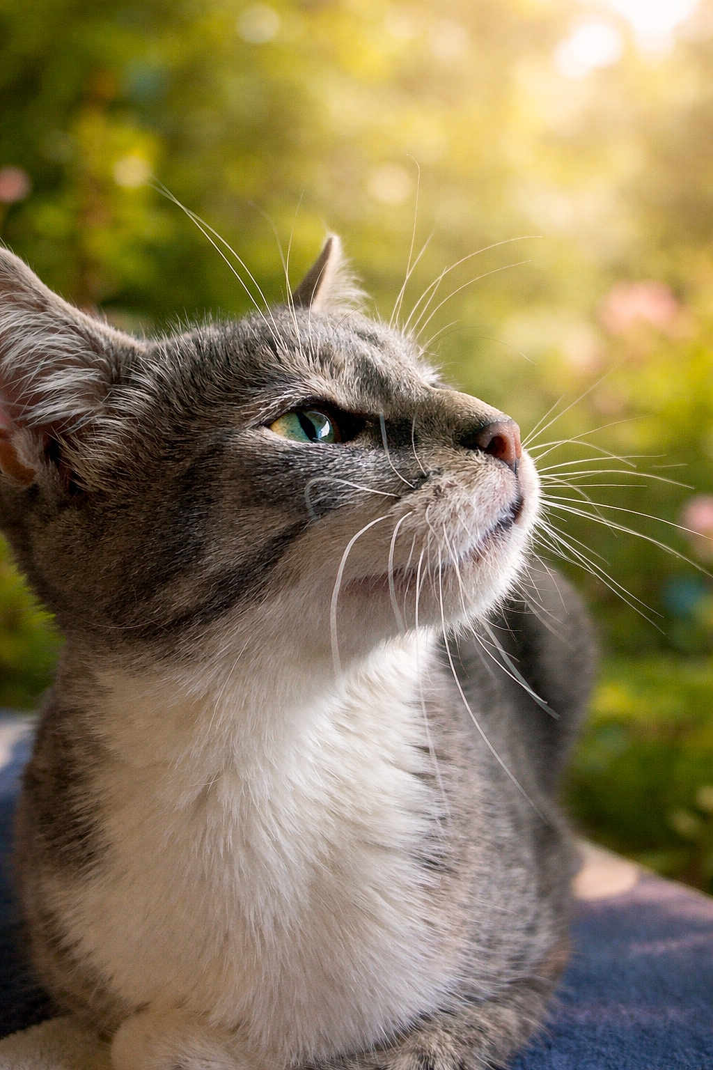 Abbel participe au concours pour gagner de l'argent avec cette photo : cat, animal, pet, whiskers, fur, closeup, portrait, outdoor, sunlight, nature, greenery, blurred_background, looking_up, relaxed, cute, feline, tabby, white_fur, eye, nose
