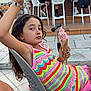 cafe, casual, chair, child, colorful_dress, cone, crochet, food, fun, hair, ice_cream, leisure, outdoor, peace_sign, people, person, relaxing, scooter, side_view, summer