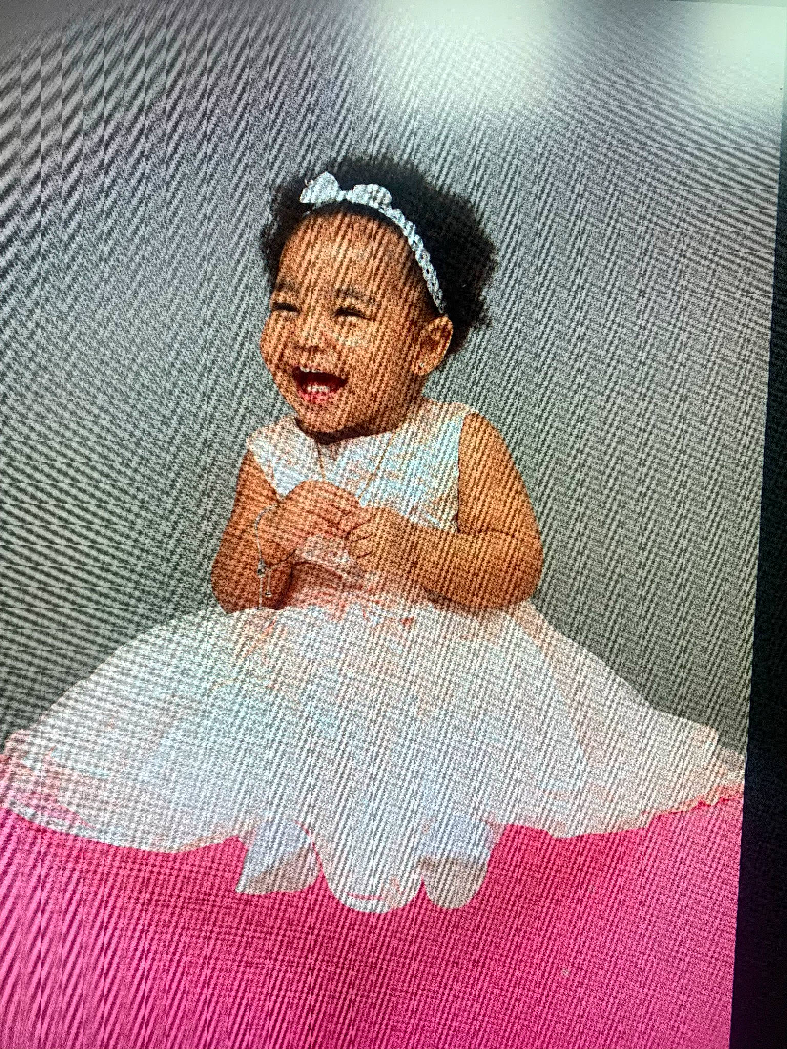 Dior joined the competition — help win amazing prizes! baby, baby_toddler_clothing, bridal_accessory, child, day_dress, dress, embellishment, event, fashion_accessory, flash_photography, hair_accessory, happy, headband, headpiece, jewellery, peach, person, pink, ruffle, smile