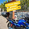 dog, motorcycle, blue_motorcycle, white_dog, red_harness, street, sidewalk, stone_wall, iron_fence, house, window, sunny, daytime, vehicle, outdoor, pet, small_dog, text_overlay, yellow_text, smiling_dog