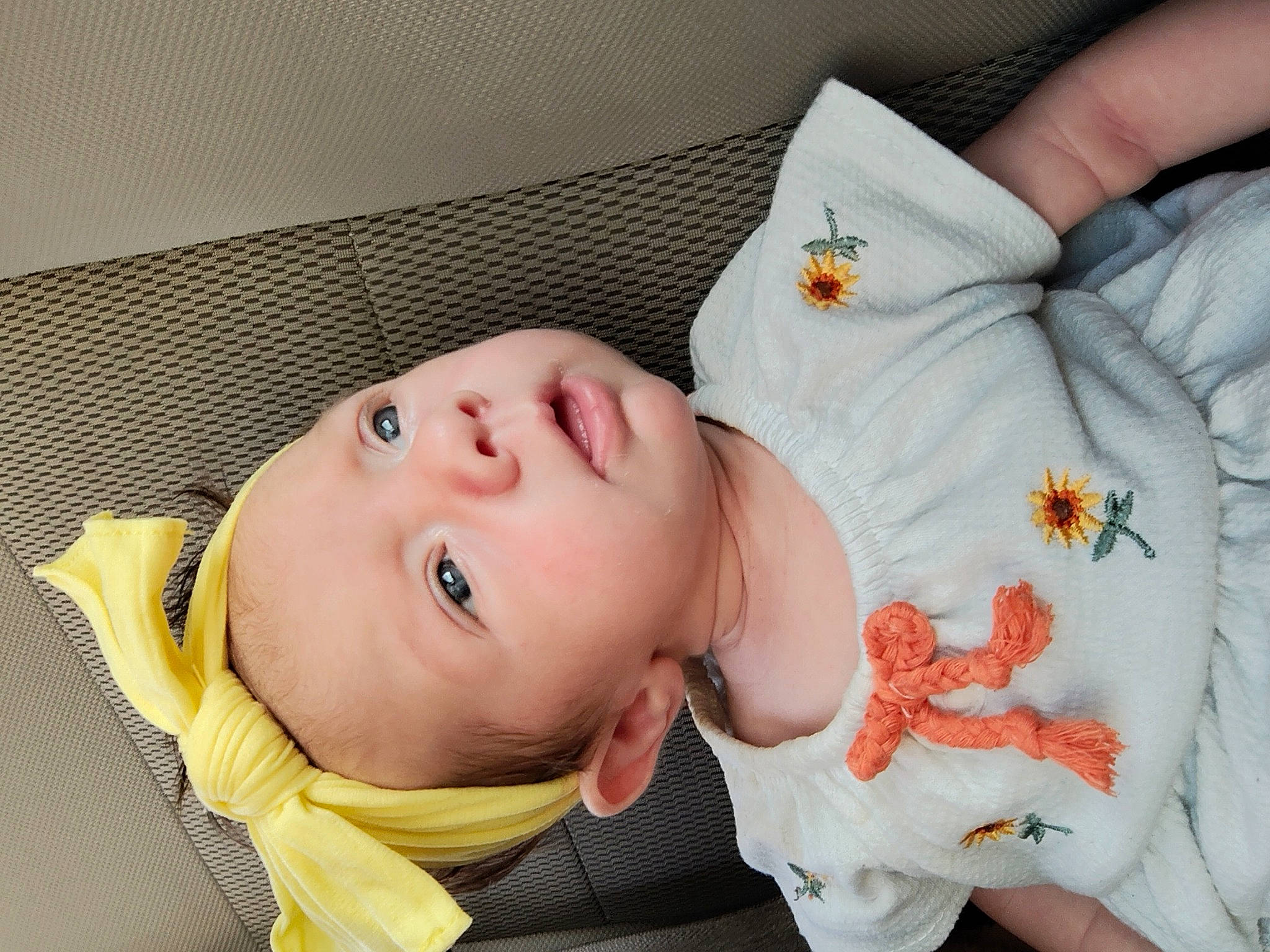 Arabella is registered to the contest to win money with this photo: baby, baby_products, baby_safety, baby_sleeping, baby_toddler_clothing, cheek, child, comfort, face, linens, nose, orange, pattern, person, room, rose, skin, sleeve, toddler, yellow