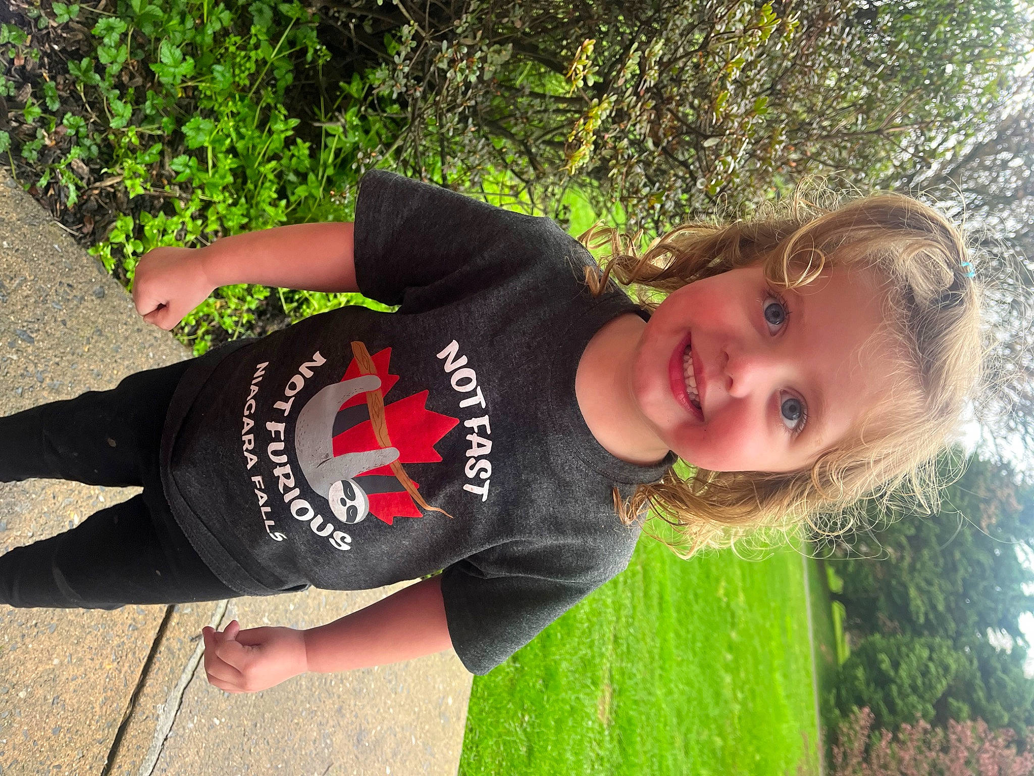 Delaney joined the competition — help win amazing prizes! abdomen, child, elbow, fun, grass, happy, human_leg, joy, knee, leisure, pattern, people_in_nature, person, plant, sleeve, smile, t_shirt, thigh, toddler, tree