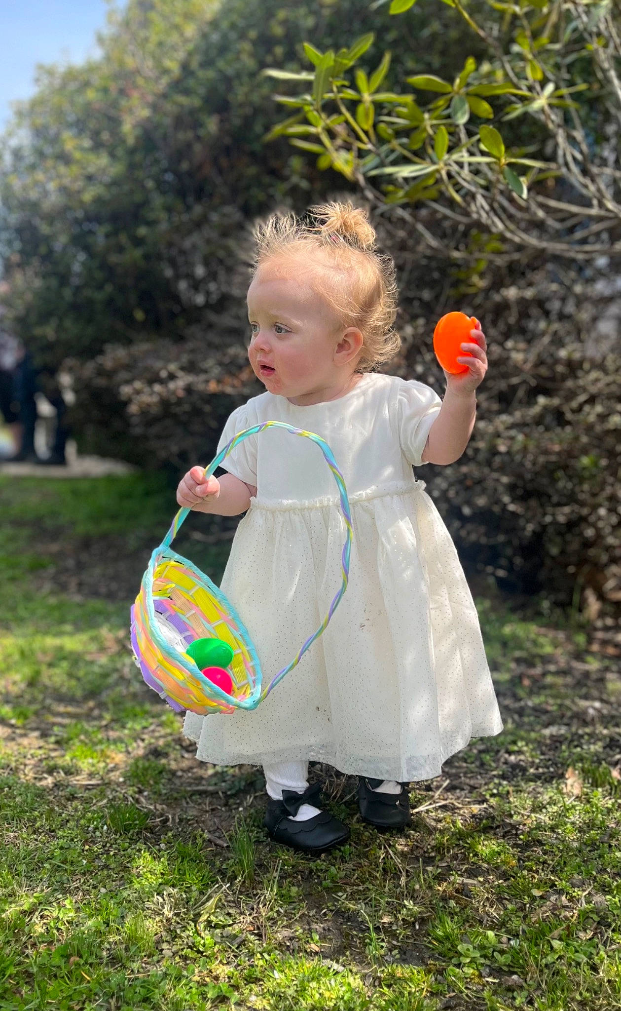 Kora is registered to the contest to win money with this photo: baby, baby_toddler_clothing, child, dress, fruit, fun, garden, grass, hand, happy, leisure, people_in_nature, person, plant, play, recreation, sitting, toddler, toy, tree