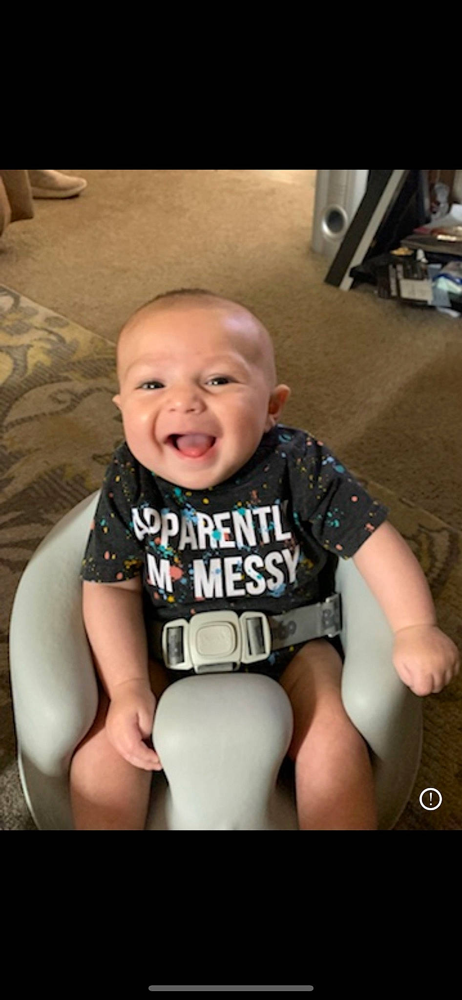 Bellamy is registered to the contest to win money with this photo: baby, baby_toddler_clothing, cheek, comfort, flash_photography, fun, happy, head, iris, joint, knee, leg, mouth, neck, person, skin, sleeve, smile, t_shirt, thigh
