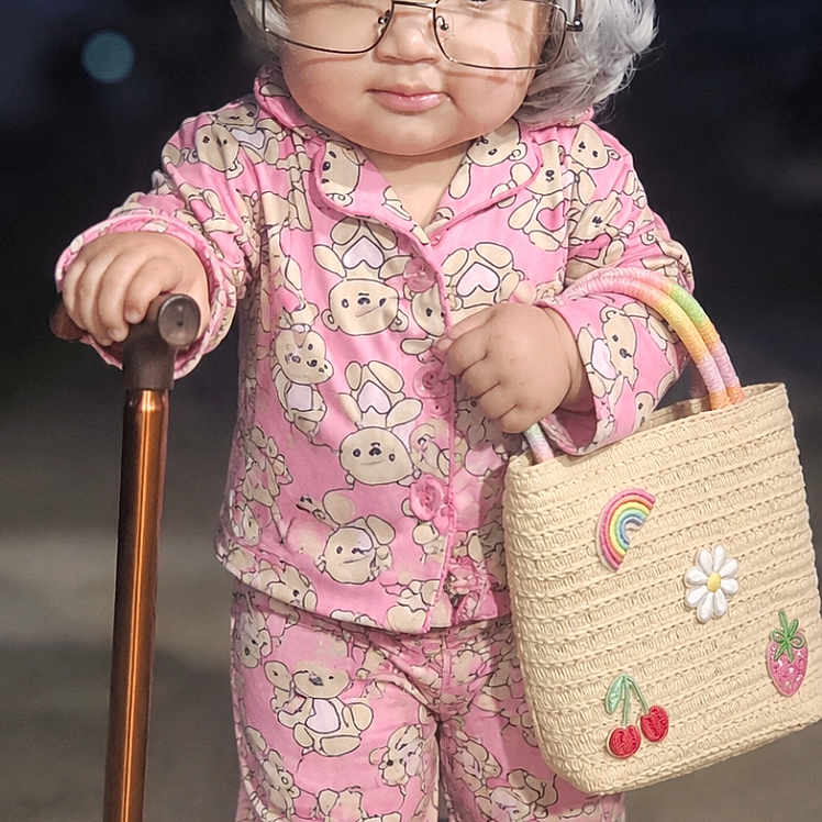 Roxana Merino joined the competition — help win amazing prizes! child, toddler, portrait, standing, smiling, glasses, wig, pink_pajamas, costume, cane, handbag, fashion, cute, indoor, carpet, accessories, full_body, playful, photography, funny