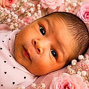 Mariah is registered to the contest to win money with this photo: baby, newborn, infant, face, close_up, pink_flowers, floral_background, soft_light, cute, portrait, skin, eyes, clothing, heart_pattern, head, lying_down, delicate, peaceful, baby_girl, fresh