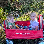 Ameliah is registered to the contest to win money with this photo: casual_clothing, child, family, fun, grass, green, nature, outdoor, person, play, radio_flyer, red, serious, sitting, smile, sunlight, toddler, toy, trees, wagon