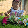 baby, child, crown, headband, grass, flowers, easter_eggs, bunny, outdoor, cute, portrait, celebration, pink, white_clothing, garden, nature, holiday, spring, festive, one_year_old