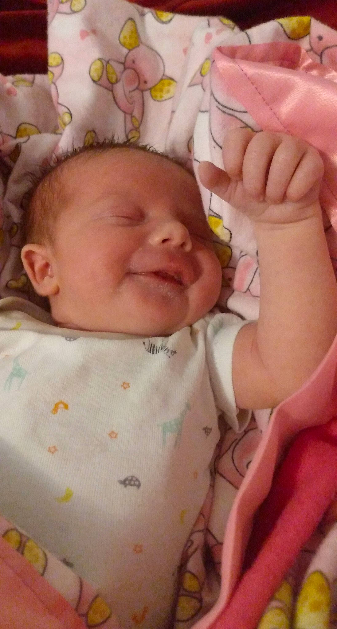 Elena is registered to the contest to win money with this photo: baby, baby_toddler_clothing, cheek, chin, eye, face, gesture, happy, head, human_body, iris, joy, lip, mouth, nose, person, pink, product, skin, sleeve