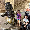 children, child, toddler, siblings, smiling, portrait, statue, bear_statue, bronze, stroller, standing, sitting, outdoor, building, brick_wall, snacks, travel, family, museum, public_space