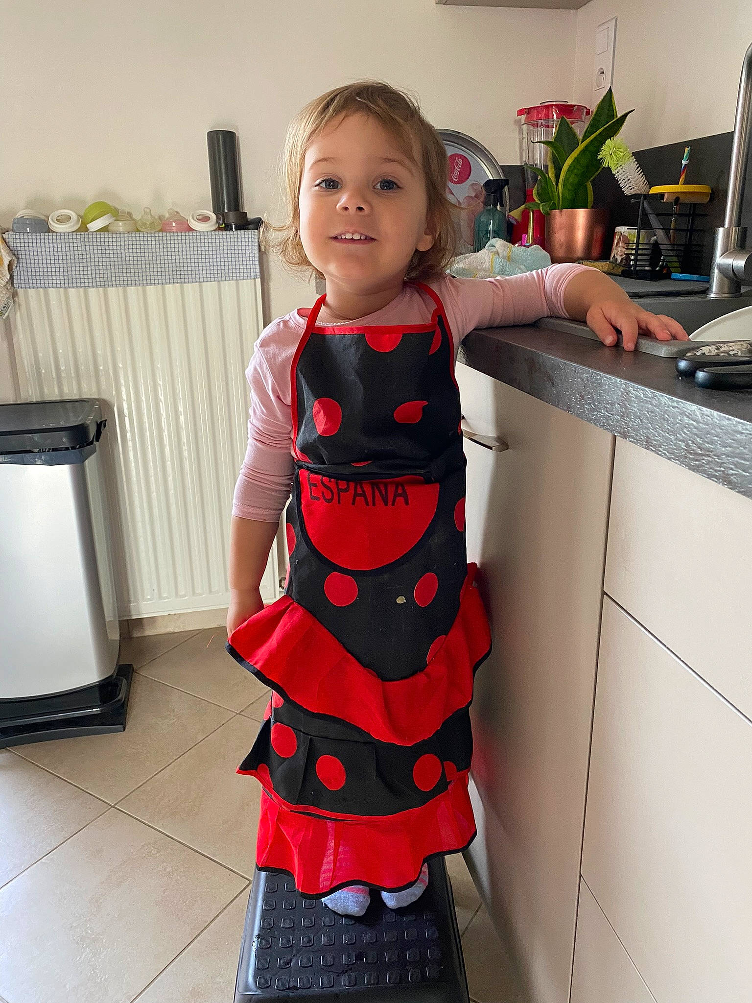 Millie participe au concours pour gagner de l'argent avec cette photo : baby_toddler_clothing, cabinetry, countertop, dress, fashion_design, flooring, formal_wear, happy, houseplant, kitchen, kitchen_appliance, one_piece_garment, person, plant, sleeve, smile, t_shirt, thigh, toddler, trunk