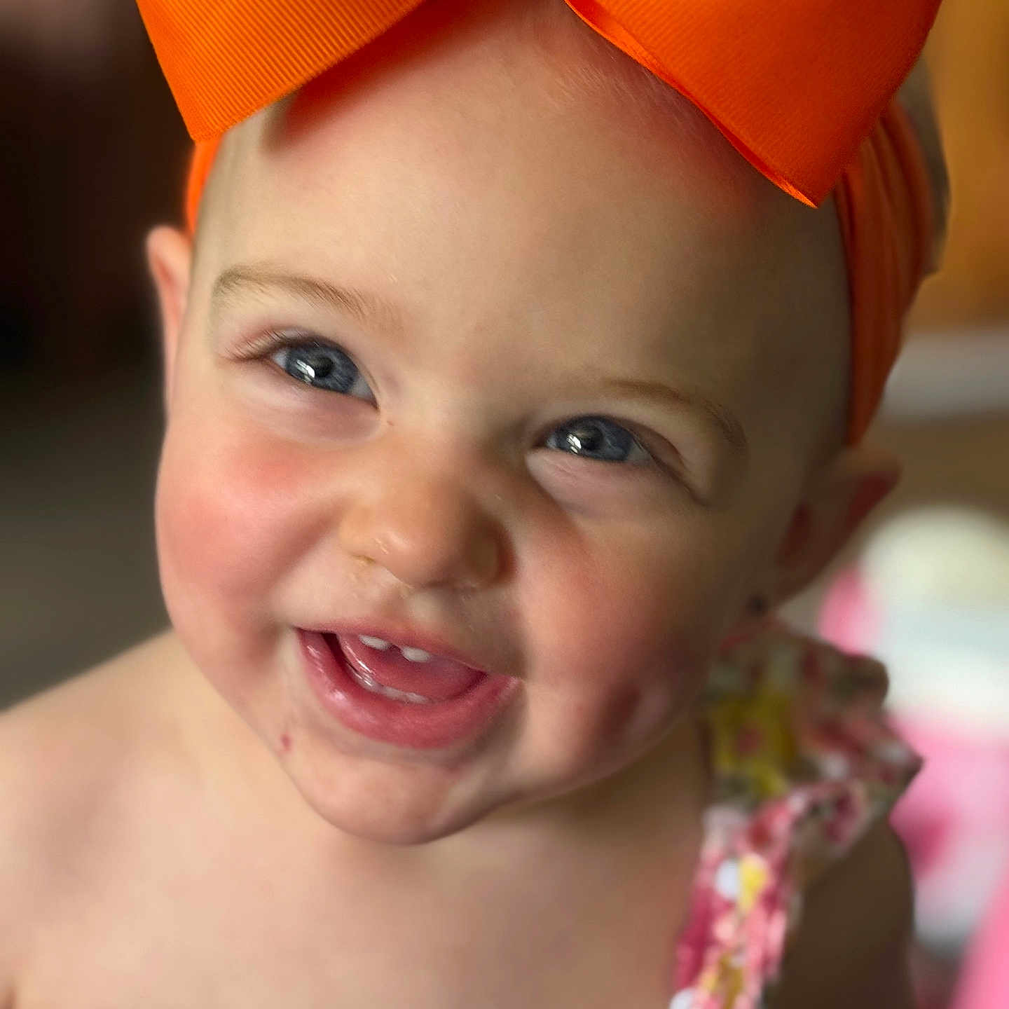 Marylin is registered to the contest to win money with this photo: baby, blue_eyes, cheerful, child, closeup, cute, dimples, face, floral_dress, happy, headband, indoors, infant, orange_bow, person, portrait, skin, smiling, teeth, toddler